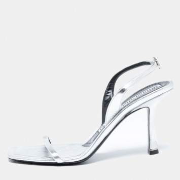 Pre Owned Alexander Wang Silver Leather Embellished Slingback Sandals Size 38