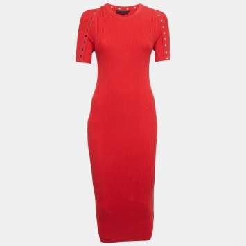 Pre Owned Alexander Wang Red Rib Knit Studded Bodycon Dress M