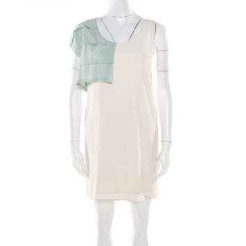 Pre Owned Alexander Wang Cream Silk Pleated Overlay Detail Asymmetric Sleeveless Shift Dress S