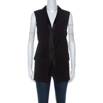 Pre Owned Alexander Wang Black Wool Blend Satin Detail Sleeveless Jacket M