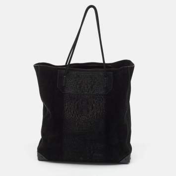 Pre Owned Alexander Wang Black Croc Embossed Suede Prisma Tote