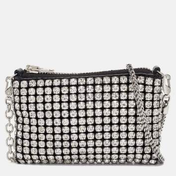 Pre Owned Alexander Wang Black/Silver Leather Nano Crystals Heiress Chain Clutch