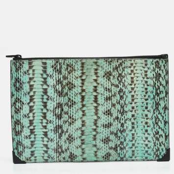 Pre Owned Alexander Wang Black Green Watersnake and Leather Zip Clutch