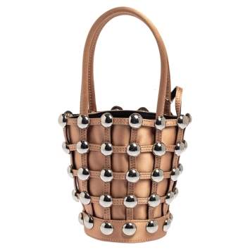 Pre Owned Alexander Wang Metallic Rose Gold Satin Woven Studded Bucket Bag