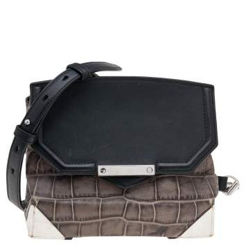 Pre Owned Alexander Wang Grey/Black Croc Embossed Leather Mini Marion Prisma Shoulder Bag