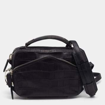 Pre Owned Alexander Wang Black Croc Embossed Leather Front Pocket Top Handle Bag 