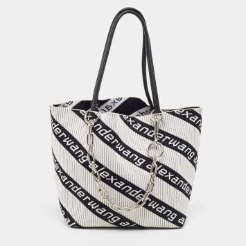 Pre Owned Alexander Wang White/Black Knit Fabric Jacquard Diagonal Logo Roxy Tote 