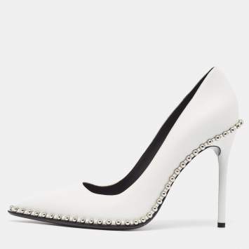 Pre Owned Alexander Wang White Leather Rie Studded Pointed-Toe Pumps Size 39.5