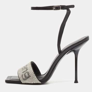 Pre Owned Alexander Wang Black Leather Crystal Embellished Julie Sandals Size 37