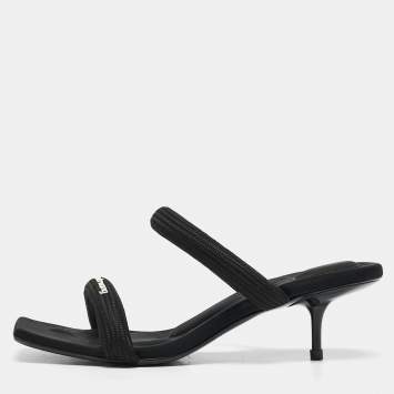 Pre Owned Alexander Wang Black Fabric Logo Print Slide Sandals Size 37
