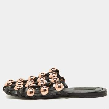 Pre Owned Alexander Wang Black Leather Amelia Studded Flat Mules Size 38