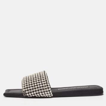 Pre Owned Alexander Wang Black Mesh Crystal Embellished Flat Sandals Size 37