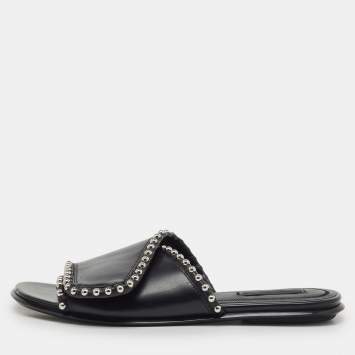 Pre Owned Alexander Wang Black Leather Leidy Studded Flat Slide Sandals Size 38