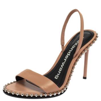 Pre Owned Alexander Wang Beige Leather Nova Studded Slingback Sandals Size 37.5