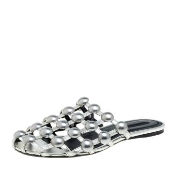 Pre Owned Alexander Wang Silver Leather Amelia Studded Flat Slides Size 39