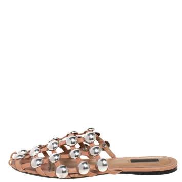 Pre Owned Alexander Wang Beige Leather Amelia Studded Flat Mules Size 40