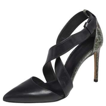 Pre Owned Alexander Wang Black /Green Python Embossed And Leather Lovisa Pointed Toe Ankle Sandals Size 37.5