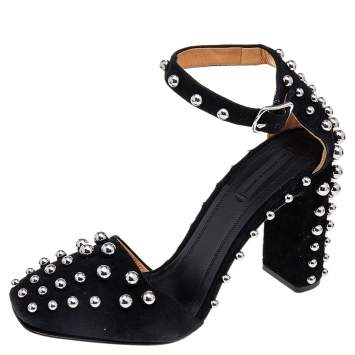 Pre Owned Alexander Wang Black Suede Studded Block Heel Ankle Strap Sandals Size 38