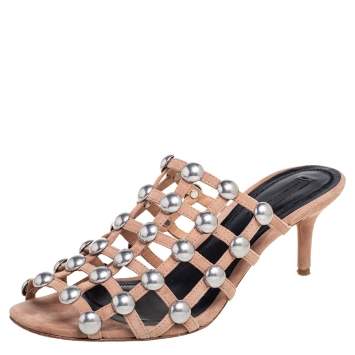 Pre Owned Alexander Wang Nude Suede Sadie Studded Caged Mule Sandals Size 38