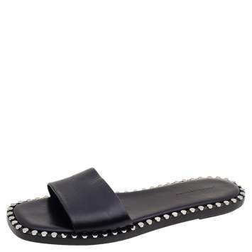 Pre Owned Alexander Wang Black Leather Studded Flat Slides Size 37.5