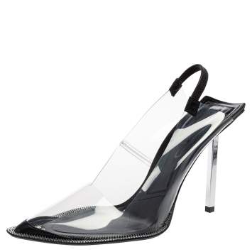 Pre Owned Alexander Wang Black PVC Marlow Clear Embellished Slingback Sandals Size 38.5