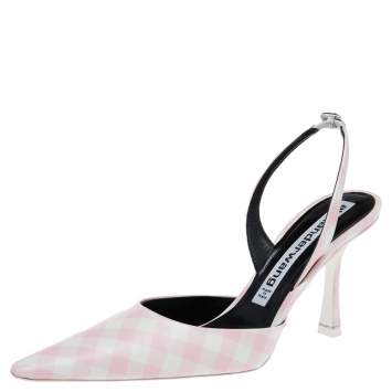 Pre Owned Alexander Wang Pink/White Gingham Print Leather Grace Slingback Sandals Size 39