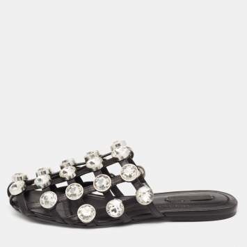 Pre Owned Alexander Wang Black Leather Amelia Crystal Studded Flat Slides Size 36