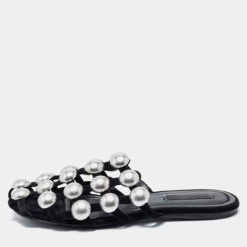 Pre Owned Alexander Wang Black Suede Amelia Studded Flat Slide Sandals Size 35