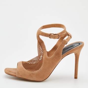 Pre Owned Alexander Wang Beige Suede and Fishnet Piper Ankle Strap Sandals Size 37.5