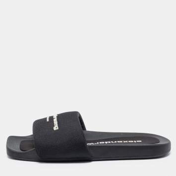 Pre Owned Alexander Wang Black Nylon Logo Flat Slides Size 38