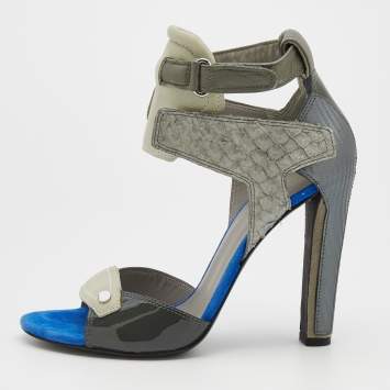 Pre Owned Alexander Wang Grey/Beige Leather And Salmon Skin Trim Chloe Ankle Strap Sandals Size 39.5