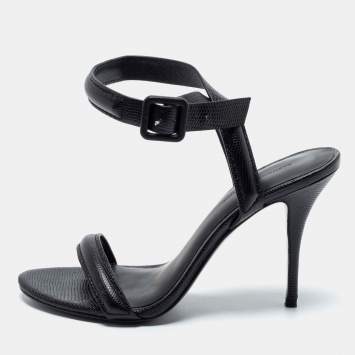 Pre Owned Alexander Wang Black Lizard Embossed Leather Antonia Ankle-Strap Sandals Size 36.5