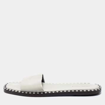 Pre Owned Alexander Wang Light Grey Leather Lola Studded Flat Slides Size 39