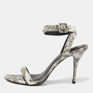 Pre Owned Alexander Wang White/Black Lizard Embossed Leather Ankle Strap Sandals Size 40.5
