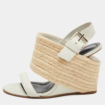 Pre Owned Alexander Wang Off White /Beige Leather and Jute Slingback Wedge Espadrille Sandals Size 38