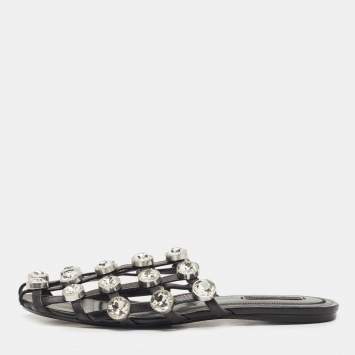 Pre Owned Alexander Wang Black Leather Amelia Crystal Embellished Flat Mules Size 39