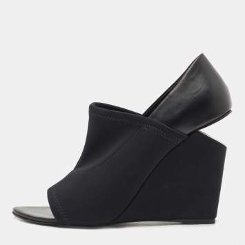 Pre Owned Alexander Wang Black Leather and Stretch Fabric Alla Wedge Open Toe Pumps Size 39.5