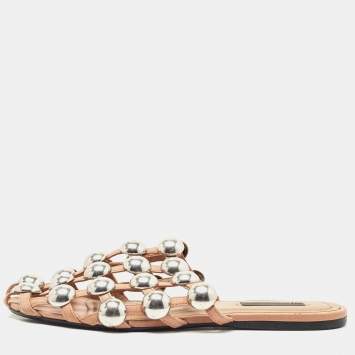 Pre Owned Alexander Wang Brown Leather Amelia Studded Flat Slides Size 36