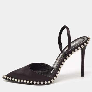 Pre Owned Alexander Wang Black Satin Rina Crystal Embellished Slingback Pumps Size 37