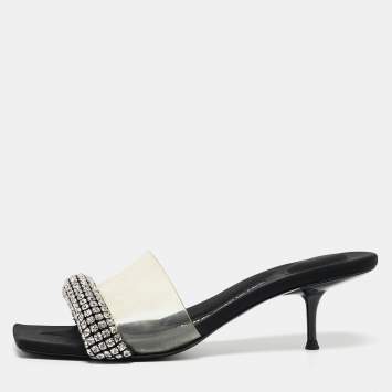 Pre Owned Alexander Wang Black Crystal Embellished Fabric and PVC Jessie Slide Sandals Size 39.5