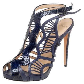 Pre Owned Alexandre Birman Blue Python Leather Caged Zipper Sandals Size 39.5