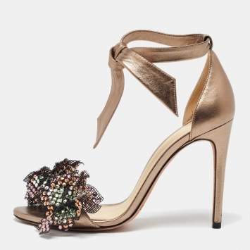 Pre Owned Alexandre Birman Gold Leather and Mesh Clarita Ankle Strap Sandals Size 37.5