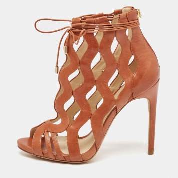 Pre Owned Alexandre Birman Brown Cut-Out Leather Loretta Cage Ankle Boots Size 37