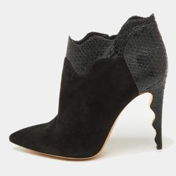 Pre Owned Alexander Birman Black Suede and Python Pointed Toe Ankle Booties Size 41
