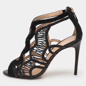 Pre Owned Alexandre Birman Black Python Embossed Leather and Suede Caged Sandals Size 39.5