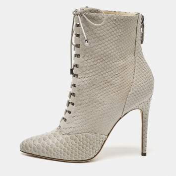 Pre Owned Alexandre Birman Grey Python Leather Ankle Length Boots Size 37.5