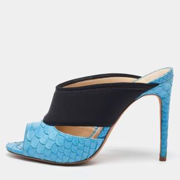 Alexandre Birman Light Blue/Black Python Leather and Neoprene Mules Size 37