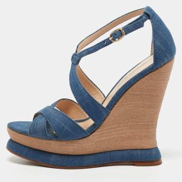 Alexandre Birman Blue Denim Fabric Wedge Sandals Size 37.5