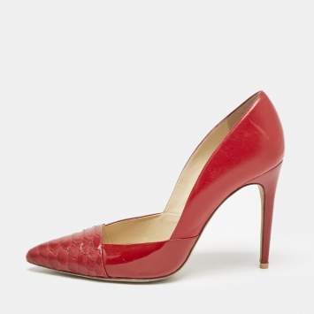 Alexandre Birman Red Leather and Python Leather Pointed Toe Pumps Size 40
