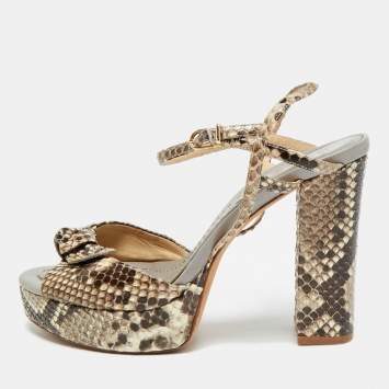 Pre Owned Alexandre Birman Size 37 Brown Python Leather Ankle Strap Sandals